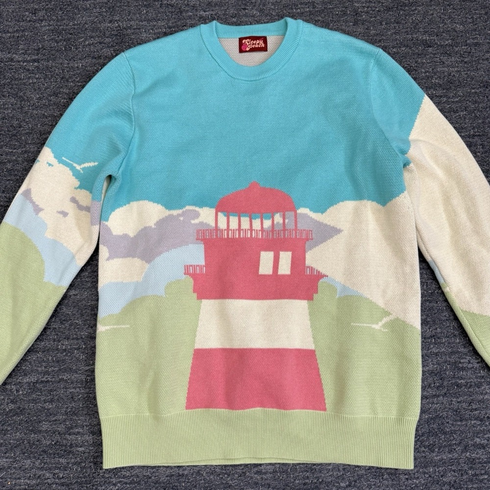 Sleepy Peach Sweater Women Small Lighthouse Intarsia Knit Crewneck Beach Graphic